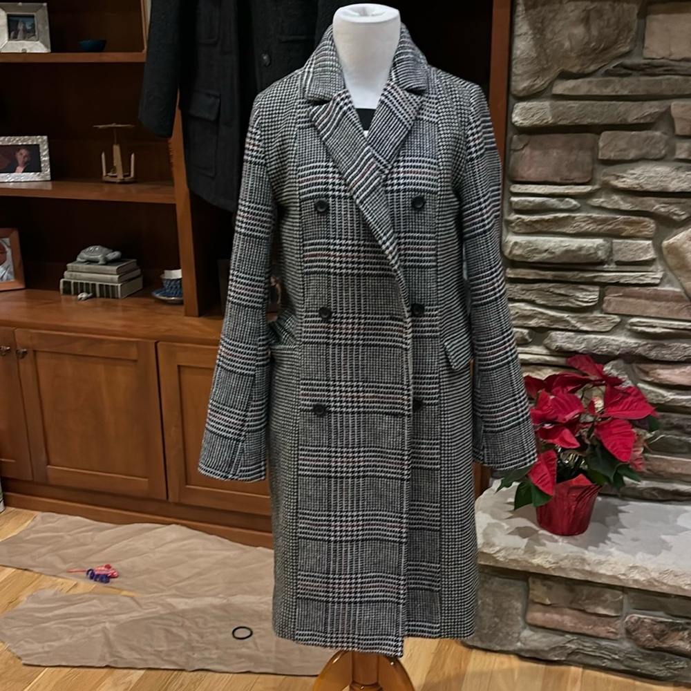 Gap Wool Blend Houndstooth Plaid Long Womens Coat Black/Red/White Size XS